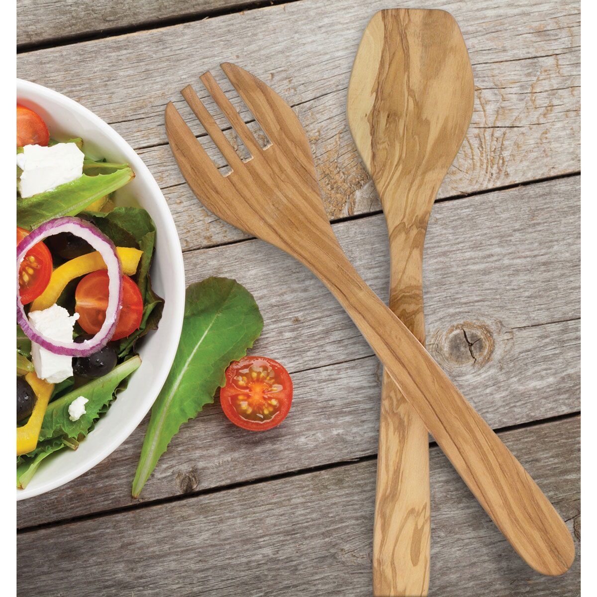 Wood Salad Set, Edding Italian Olive 13in HIC 50012